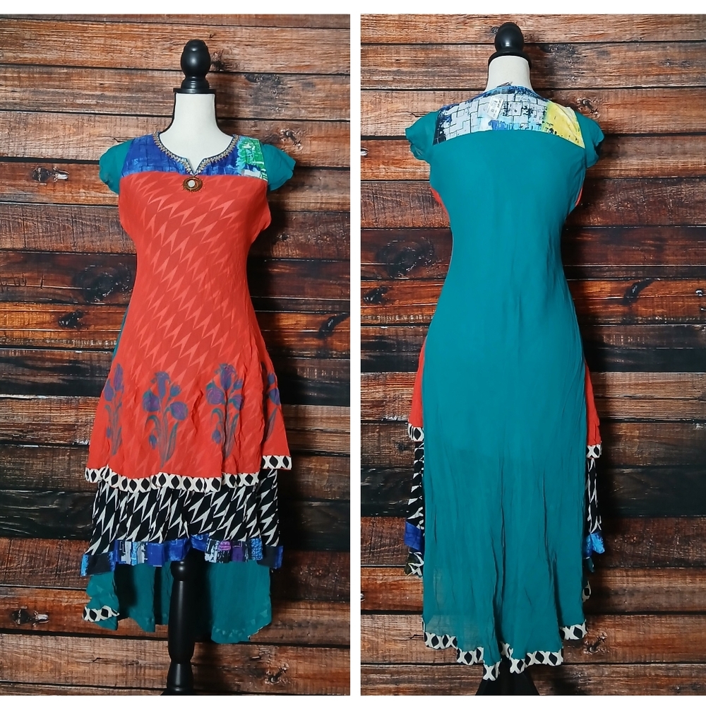 NWT Taruni Silk Midi Dress L Beaded Layered Hi Low Hem Bohemian